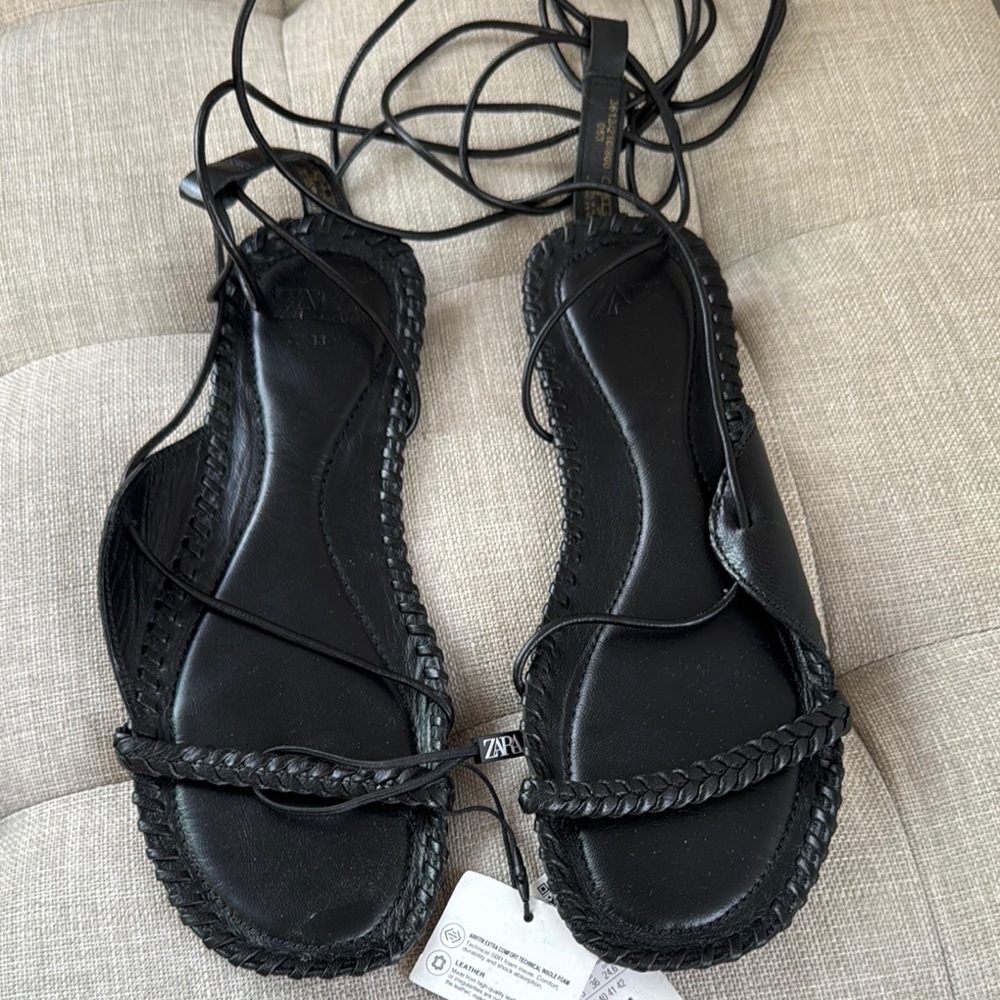 New Zara Black Leather Strappy Sandals